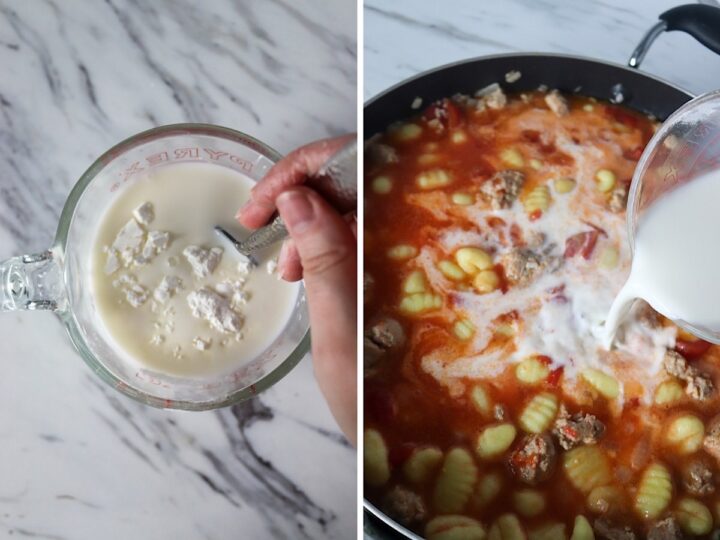 side by side image of a person stirring corn starch into milk with a fork and then pouring it into the pan of tomato gnocchi